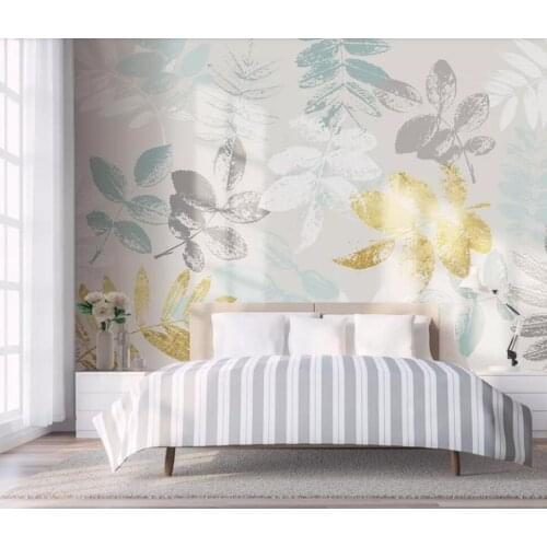 Nordic contracted aureate small pure and fresh intertropical leaf TV sofa setting wall decorates wallpaper mural