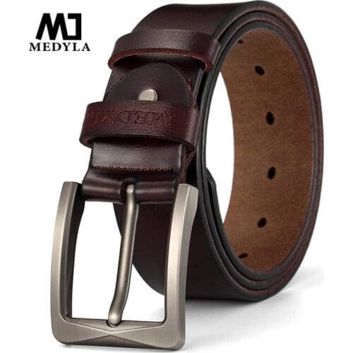 MEDYLA Mens Suit Leather Belt High Quality Natural Leather Brushed Steel Buckle Casual Business Belt for Men 130cm long belt