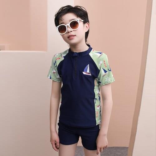 2021 Summer New Boy Swimwear Cartoon Short Sleeve Swimsuit Sports Style Boxer Swimming Trunks Two Piece Set Quick Dry Beach Wear