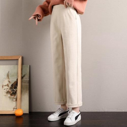 2021 Autumn Winter Women Solid Thicken Warm Harem Pants Lady Plus Size OL High Waist Wool Pant Female Casual Loose Trousers K504