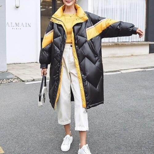 2021 Winter New Long Coat Womens Jacket White Duck Down Warm Sports Fashion Contrast Color Stand-Up Collar