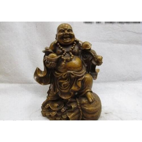 Song voge gem S0436 11.5 Chinese Folk Classic Bronze Yuan Bao Money bag happy Maitreya Buddha Statue