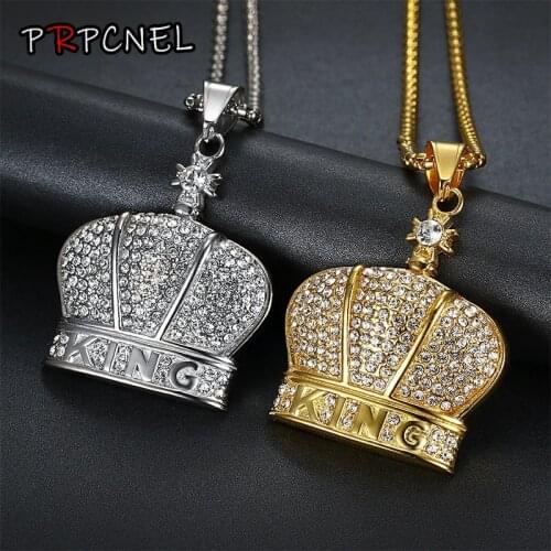 Hip Hop Full Rhinestone King crown Shape Pendants Necklaces Bling Bling Iced Out Cuban Link Chain Hiphop Necklace Men Jewelry