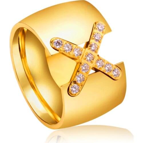 LUXUKISSKIDS Luxury Cross Zircon Cold Ring Big Band Stainless Steel Jewelry Ring Engagement Wedding Rings bague femme For Women