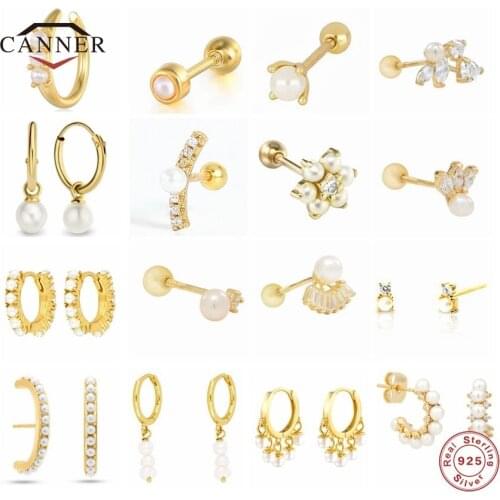 CANNER 925 Sterling Silver Elegant Round Pearl Dangle Earrings CZ Women Engagement Wedding Accessories Stud Earring Jewelry