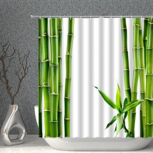 Bamboo Shower Curtain Green Plants Bathroom Bath Curtains Chinese Landscape Waterproof Polyester Cloth Bath Decor Home With Hook