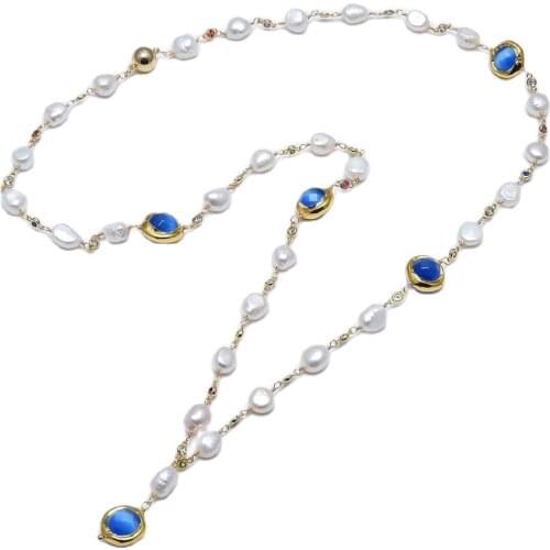 GG Jewelry Natural White Baroque Pearl Cz Pave Chain Faceted Round Blue Cat Eye Long Sweater chain Necklace Handmade For Women