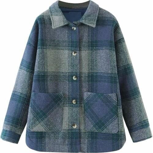 MESTTRAF Women 2021 Fashion Big Plaid Double Pocket Jacket Retro Long Sleeve Lapel Button Jacket Streetwear