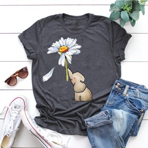 2021 Summer Cartoon Funny Elephant Sunflower T-shirts Women Graphic Harajuku Short Sleeve O Neck Tees Tops for Female Shirts
