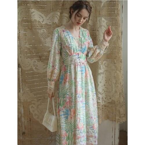 Spring2020 Women Vintage Elegant Slim Midi Mori Girl Sweet Floral Print Lace Hollow Out Embroidery Cotton Long Dress
