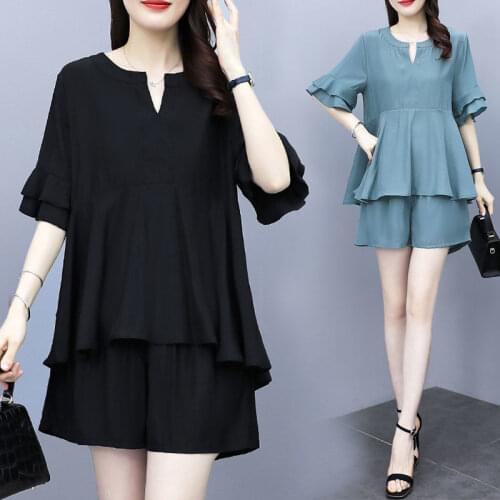 2021 Two Piece Sets Women Loose O-Neck Short Sleeve Shirt and Wide Leg Shorts Suit Solid Color Chiffon Oversized Casual Outfits