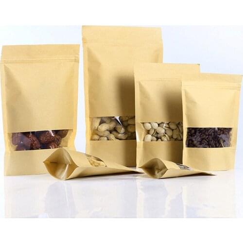 50pcs Kraft Paper Candy Bags DIY Cookies Snack Packaging Bag Zip Lock Zipper Food Storage Bag Pouch Transparent Window Pocket