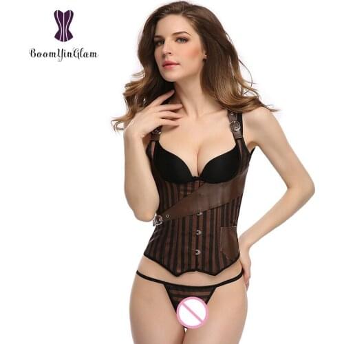 Free Shipping Adjustable Straps Steam punk Style Steel Boned Underbust Corset Body Shaperwear Vest Shaper With Pocket J903