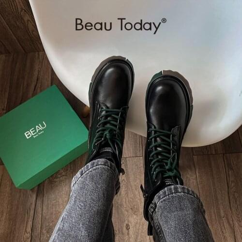 BeauToday Ankle Boots Women Synthetic Leather Side Zip Round Toe Mixed Color Sole Punk Ladies Chunky Heel Shoes Handmade 04439
