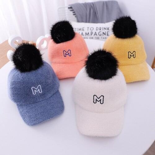 Doitbest winter Child Baseball Cap 2 to 6 Years old black fur ball autumn M letter kids Hats Boy Girl Caps snapback hat