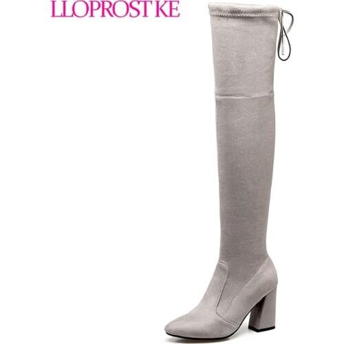 Lloprost ke Autumn Winter Over The Knee Boots Suede Square High Heel Women Boots Sexy Ladies Lace Up Fashion Boots Size 46 MY826