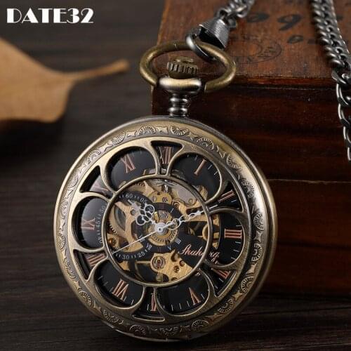 Mechanical Pocket Watch Antique Bronze Skeleton Dial Fob Chain Hollow Out Case Hanging Clock with Gift Box for Men Dropshipping