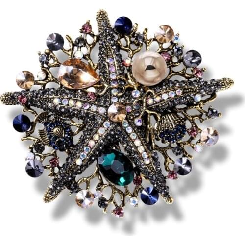 Muylinda Rhinestone Clothes Scarf Badge Pins Crystal Baroque Starfish Brooch For Women Large Metal Peal Brooches Jewelry