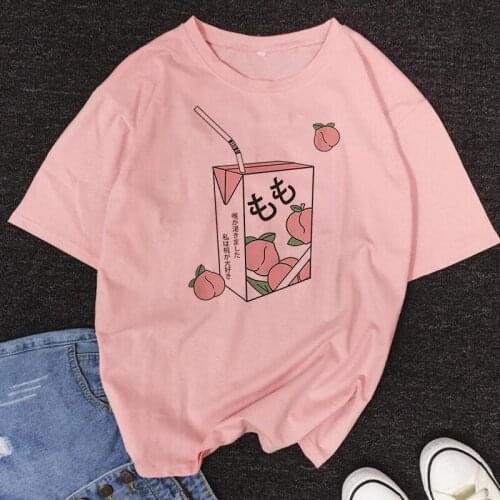 New Kawaii Pink Women Summer Casual Tumblr Outfit Fashion Cartoon Peach Juice Japanse Aesthetic ropa mujer