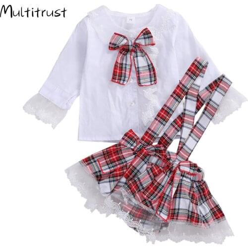 1-4Y Brand Newborn Girls Christmas Dress And Pants Suit Lace Crochet Long Sleeve Top and Bow Suspender Culottes 2pcs
