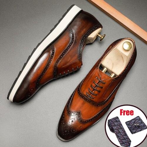 Phenkang Men Genuine Wingtip Leather Platform Oxford Shoes Pointed Toe Lace-Up Oxfords Dress Brogues Wedding Shoes