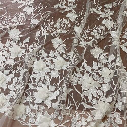 3D Floral Off White High Dense Gorgeous French Embroidery Lace Fabric For Wedding Dress Sell BY Yard