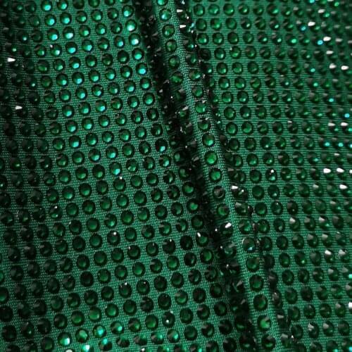 Meters High Quality Hot Fix Crystal Emerald Green Planet Rhinestone Stretchy Dance Fabric Polyester Spandex Stretch Elastic
