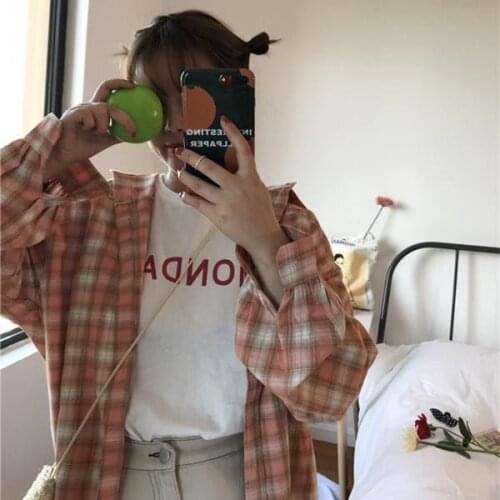 Trend All-Match Lantern Sleeve Shirt Plaid Shirt Women Vintage Harajuku Loose Mid-Length Casual Jacket 2021 New Korean Style