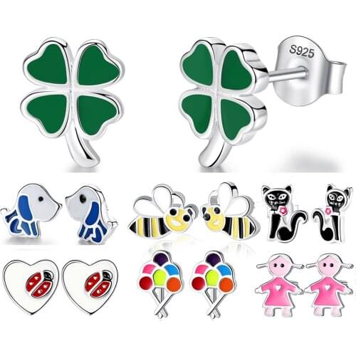 100% 925 Sterling Silver Stud Earrings Lovely Cute Ladybug Cat Animals Flower Heart Earrings with Enamel Jewelry for Girls Kids