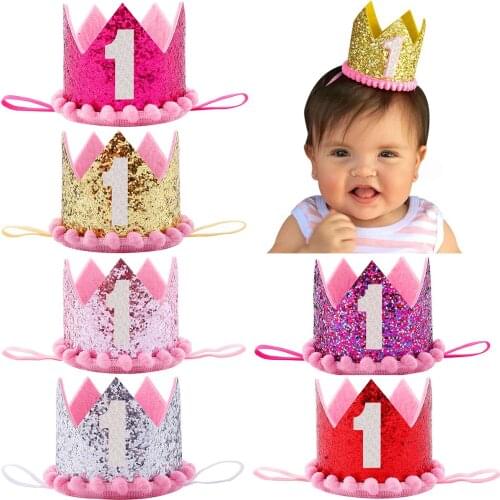 Kids 1st Birthday Party Decoration One Year Old Crown Caps Baby Boy Girl Headband Gift Birthday Baby Shower Hat Party Supplies
