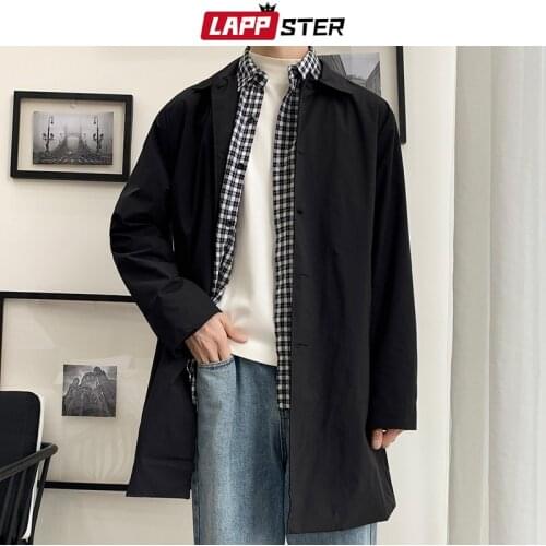 LAPPSTER Oversize Men Streetwear Trench Coat 2020 Autumn Mens Hip Hop Harajuku Long Jackets Coats Vintage Male Black Windbreaker