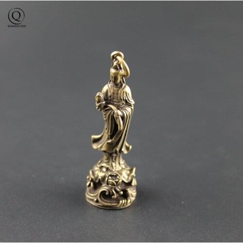 Vintage Brass Lotus Guan Yin Buddha Figurines Key Chain Pendant Jewelry Copper Car Keychain Rings Hanging DIY Keyring Accessory