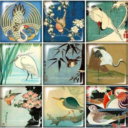 Vintage Ink painting Crane Square glass cabochon mixed 12mm/20mm/25mm/30mm Size flat back DIY Jewelry Findings Components FB0010