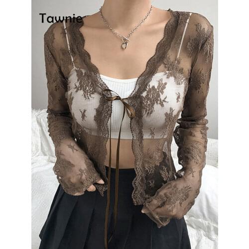 Gitana Vintage Y2K Lace Cardigan Crop Top Women Long Sleeve See Through Sexy Mesh T-Shirt Brown V Neck Lace Up Kawaii Tops