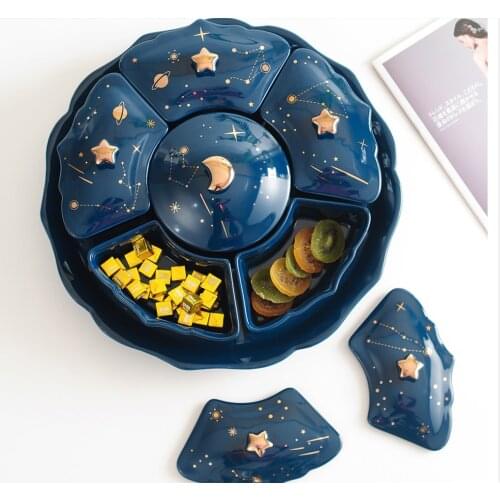 Rotatable Creative Ceramic Dried Fruit Plate Starry Sky Rotatable 6-grid Lid Snack Dessert Tray Trinket Dish Cute Ceramic Tray