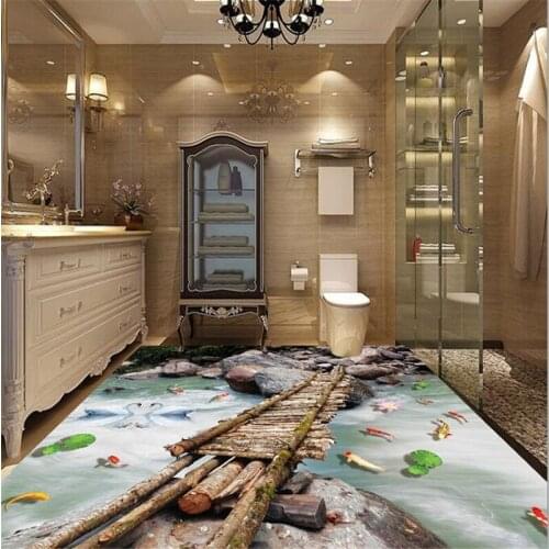 Wellyu Custom Flooring Decorating 3D обои Wooden Bridge Lotus carp stone 3D self-adhesive flooring three-dimensional painting