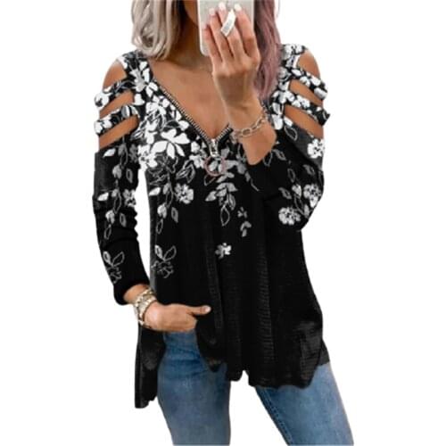 Womens Vintage Printed T Shirt V-Neck Zipper Casual Loose Long Sleeve Off Shoulder Tops Autumn Fashion Sexy Plus Size Clothing