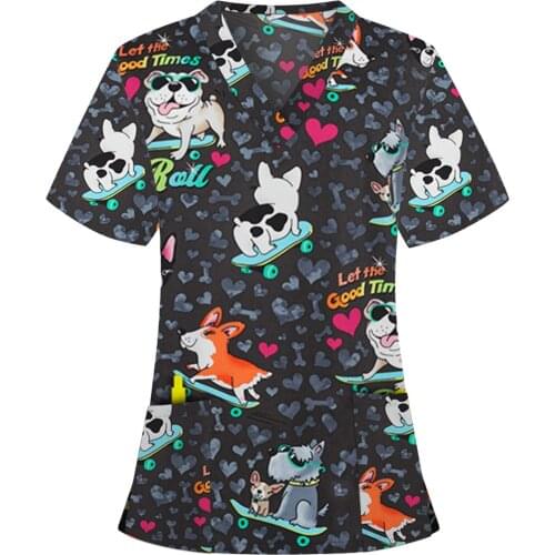 Workwear Blouse Women Animal Printed Nurse Accessories Short Sleeve Neck Tops Working Uniform Blouse Blusas Mujer De Moda 2021