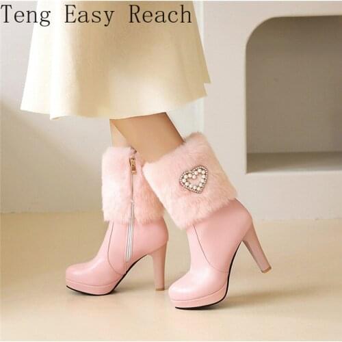 2021 Fashion High Heel Womens Boots Ankle Pink White Faux Fur Platform Crystal Bead Ankle Boot for Women Winter Shoes Big Size