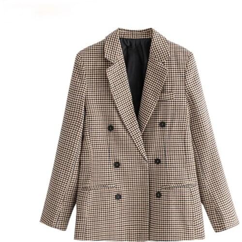 Women 2020 Fashion Office Wear Double Breasted Blazers Coat Vintage Long Sleeve Pockets Female Outerwear Chic Tops