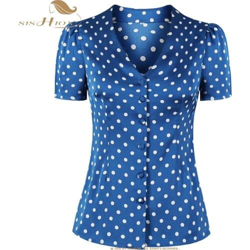 SISHION 2021 Women Vintage Tops VD2063 Short Sleeve Polka Dots Blue Blouses Femme Shirts Women