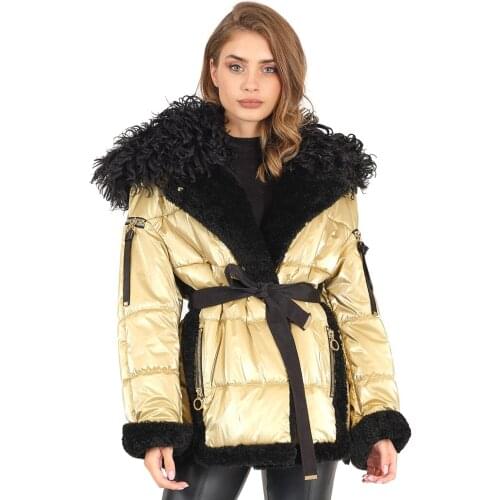 Modaqueen store womens curly lamb fur accessories fabric coat 3002 special design fur luxury yellow red gold