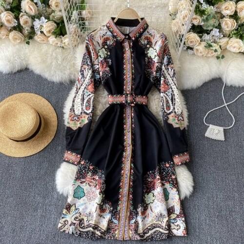 Lady New Fashion Court A-line Dress For Women Spring Retro Printed Long Sleeve Knit-Length Dresses Elegant Clothings Vestidos