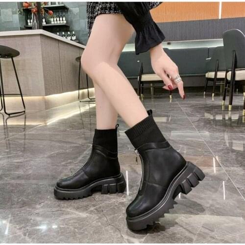 Winter PU Leather Boots Women Zipper Stretch Fabric Shoes Ladies Non-slip Warm Plush Plarform Boots Sewing Chunky Heels Botas