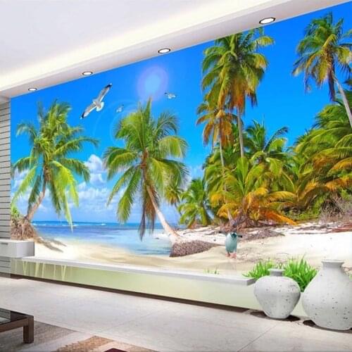 Custom 3D Seascape Poster Wall Painting Sandy Beach Coconut Tree Landscape Photo Mural Wallpaper Living Room Bedroom Background