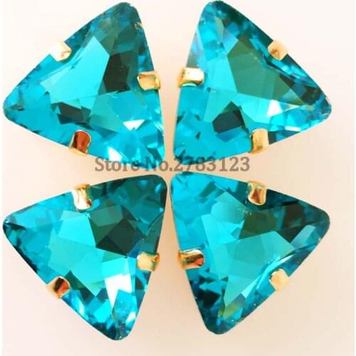 Free shipping Gold bottom 18mm Triangle shape lake blue crystal glass sew on rhinestones diy clothing accessories 20pcs/bag