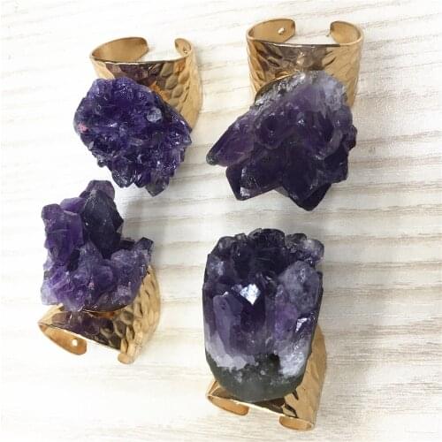 Big Gold Rim Vintage Retro Amethysts Stone Slice Bead Ring Charm Adjust Open Hammered Cuff for Woman ManExpress Copper