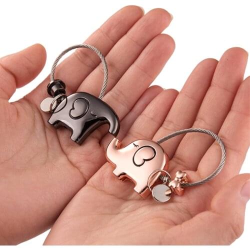 Good Luck Kiss Elephant Couple Keychain Pendant Wire Ring Chain Cute Cartoon Women Car Bag Backpack Ornaments Lovers Lanyard