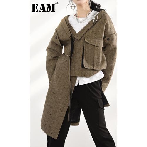 [EAM] Bandage Bow Rhinestone Big Size Irregualr Woolen Coat Parkas New Long Sleeve Women Fashion Autumn Winter 2021 1DD217516