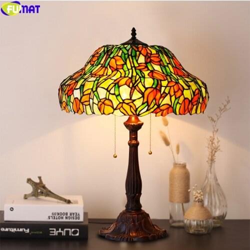 FUMAT Tiffany Tulip Garden Desk Lamp Multi Stained Glass Coffee Baking Finish Frame Table light 18 Inch Lighting Art Decorative